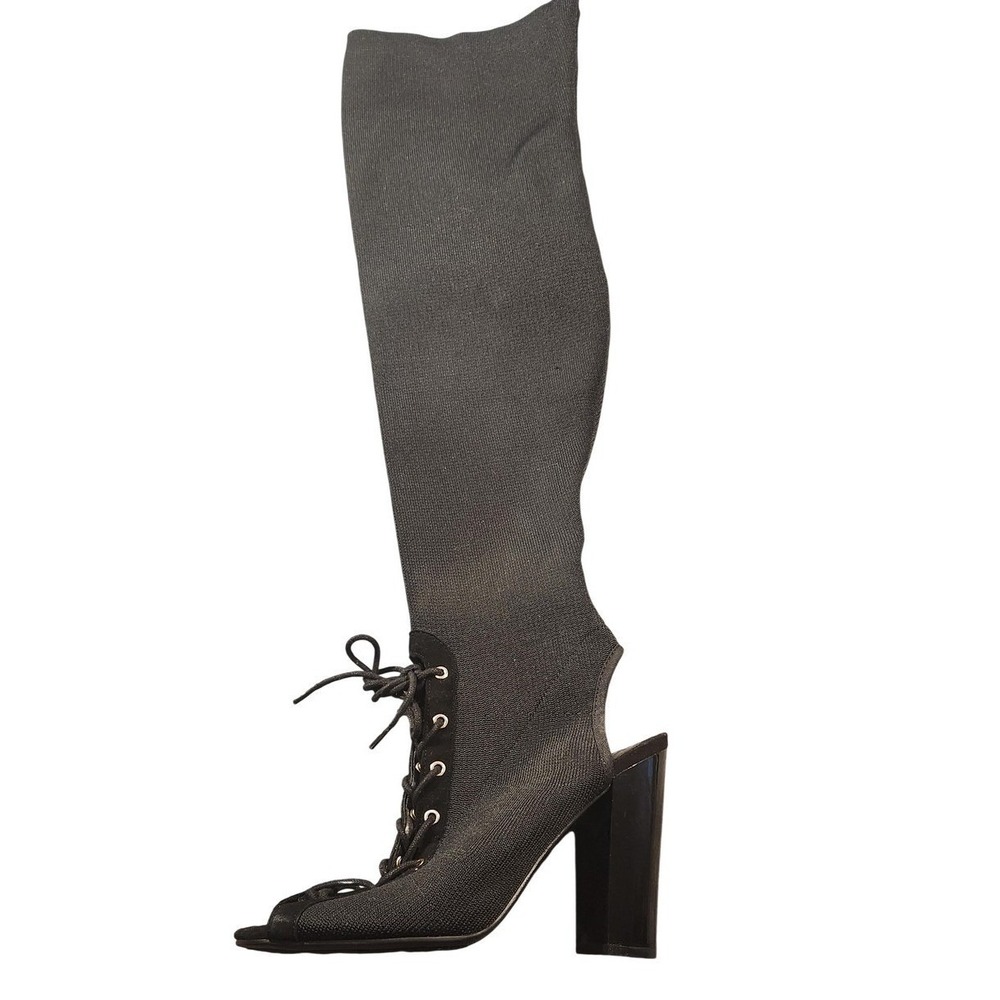 GUESS Sock Boots Womens Size 7.5 Black Over The Knee Lace Up Peep Toe Block Heel